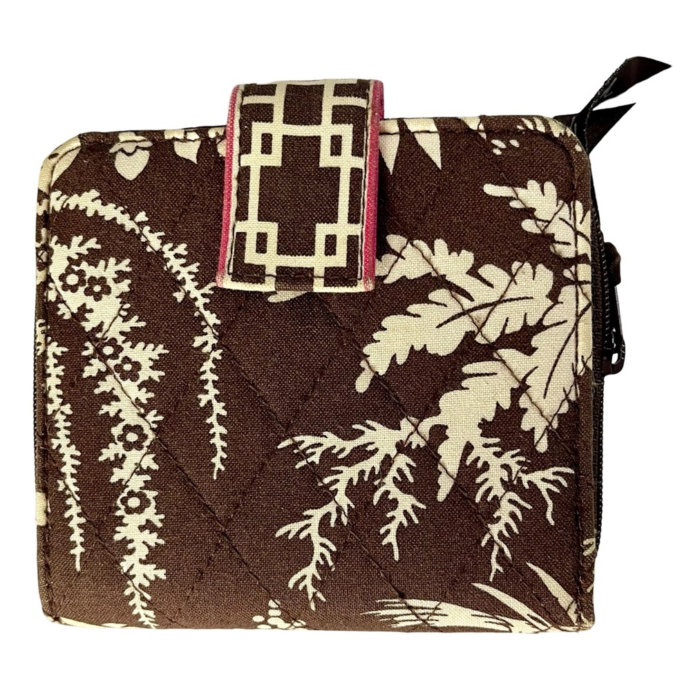 Vera Bradley Brown and Cream Quilted Floral Zip Wallet with Pink Trim